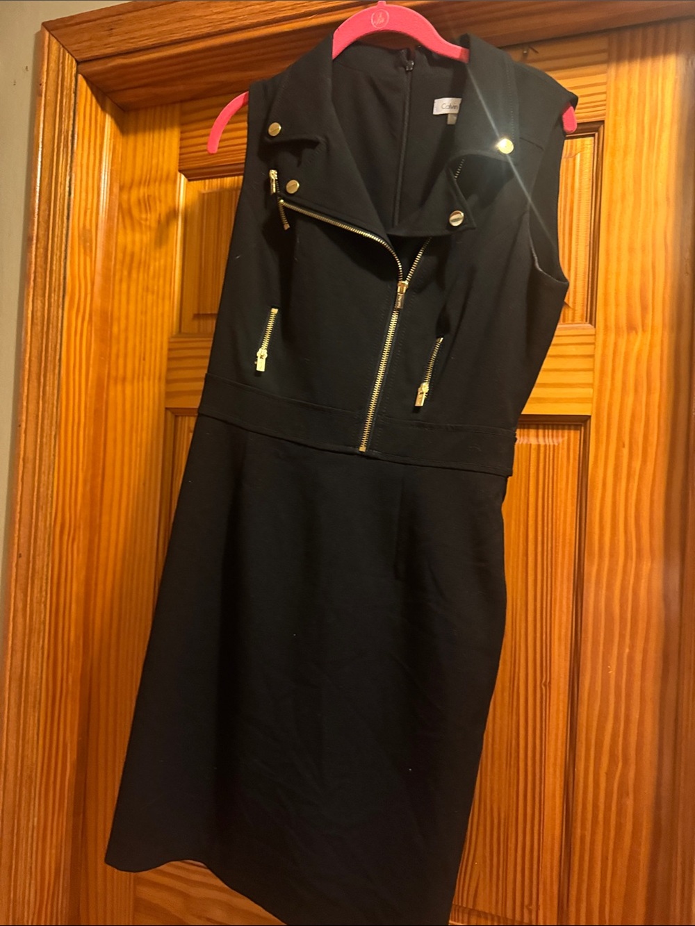 Calvin Klein Black Sleeveless Zip-Front Dress with Gold Hardware
